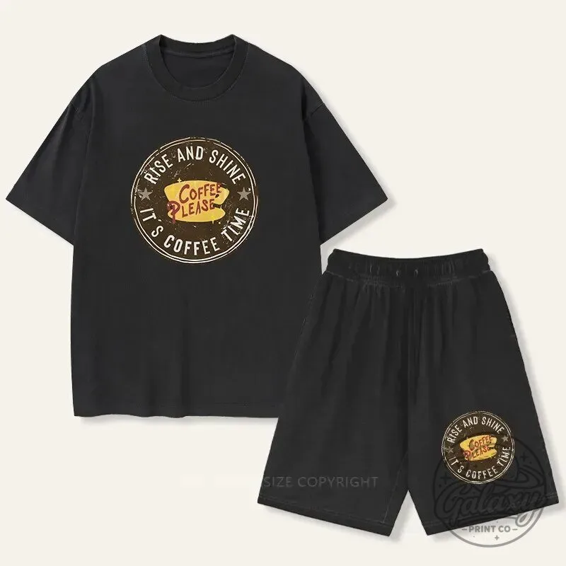 Rise And Shine It's Coffee Time Vintage Washed T-Shirt and Shorts Set
